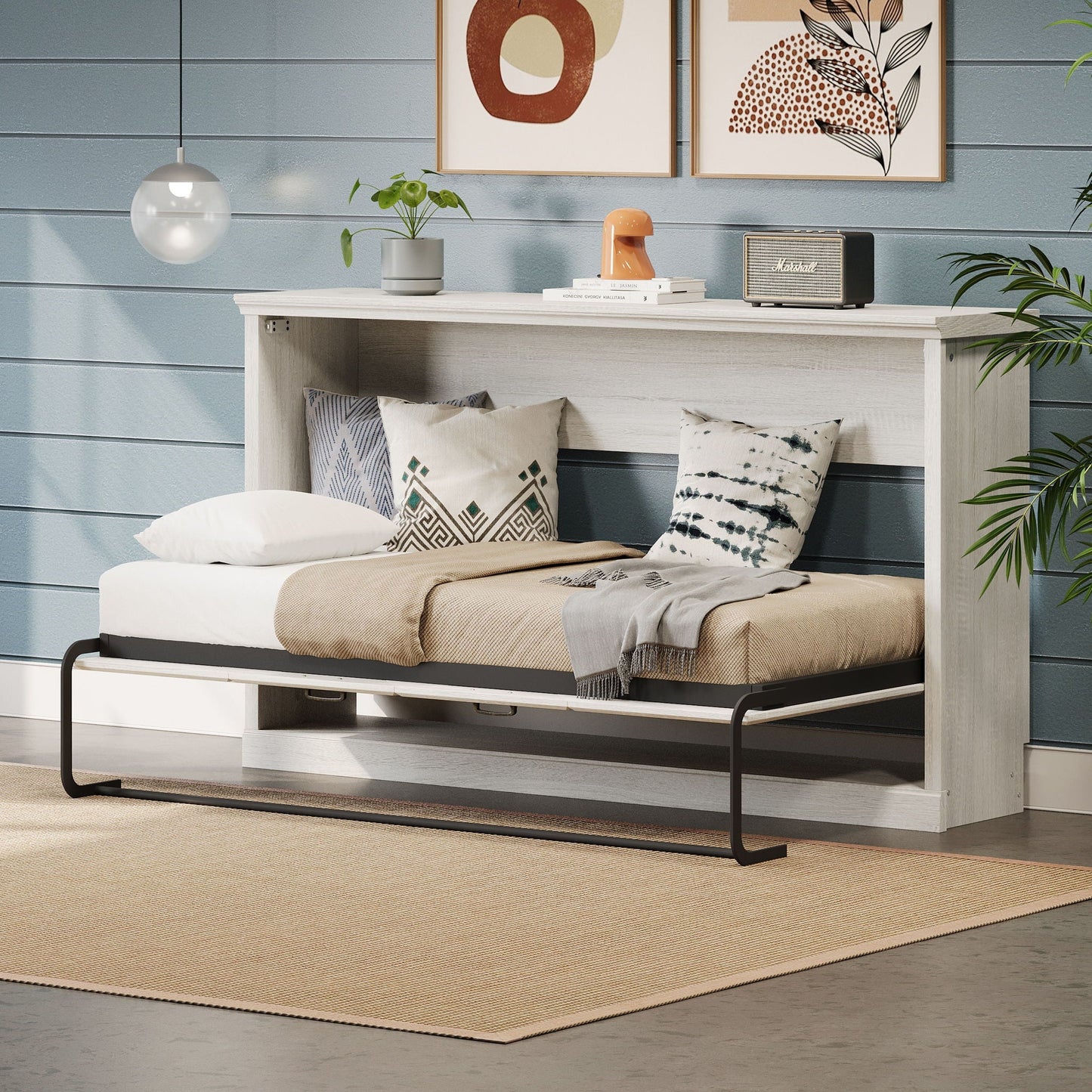 Twin Horizontal Murphy Bed with Dual Piston System - Rustic White