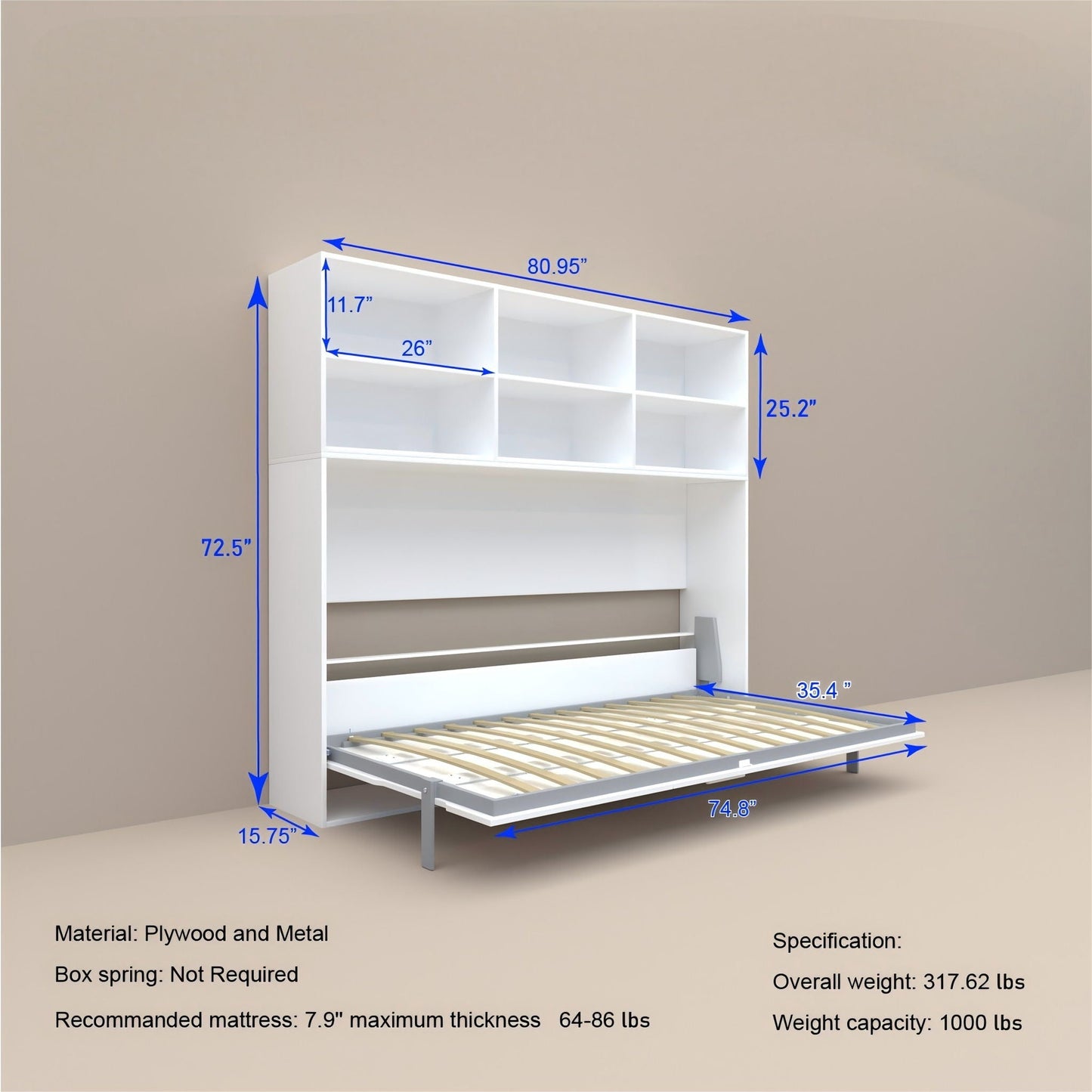 Twin Horizontal Murphy Bed with Shelf Storage - White