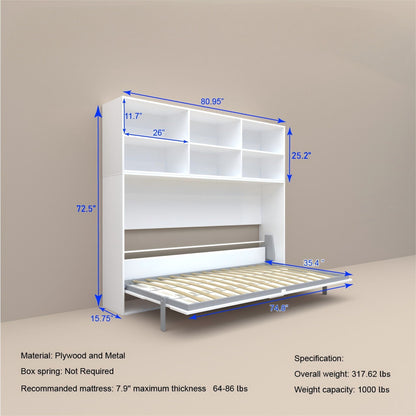 Twin Horizontal Murphy Bed with Shelf Storage - White