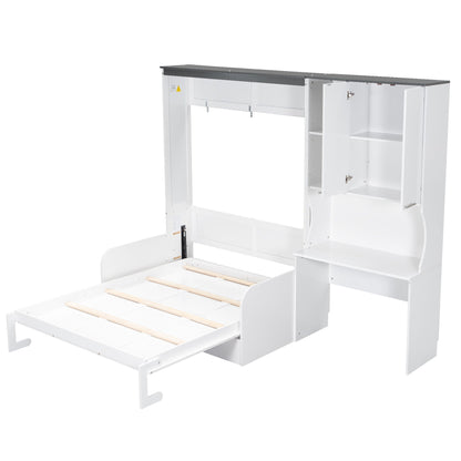 Full Murphy Bed with Sofa, Desk & Storage Cabinet - White