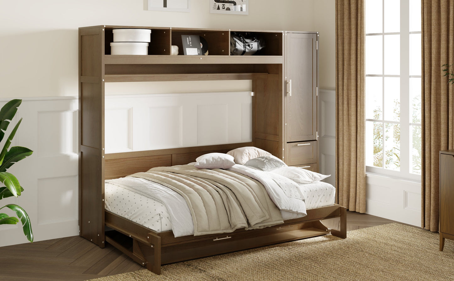 Full Murphy Bed with Wardrobe, Drawers & Open Shelves - Antique Grey
