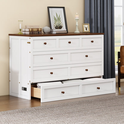 Queen Solid Pine Murphy Cabinet Bed with Charging Station - White & Walnut