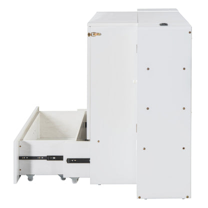 Queen Murphy Wall Bed with Storage Cabinets, Drawers & USB - White