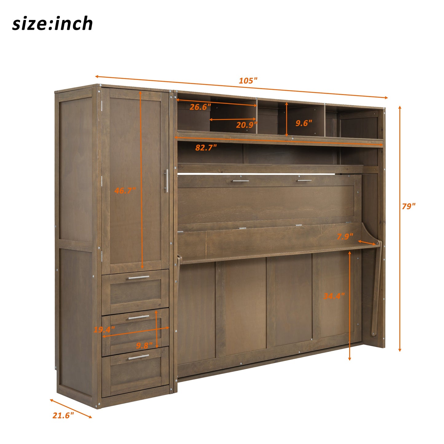 Full Murphy Bed with Wardrobe, Drawers & Open Shelves - Antique Grey