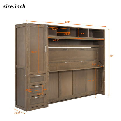 Full Murphy Bed with Wardrobe, Drawers & Open Shelves - Antique Grey