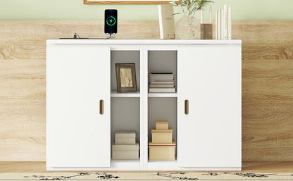 Full Murphy Bed with Shelves, Cabinets & USB Ports - White
