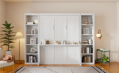 Queen Murphy Bed with Desk & Wide Bookshelf - White