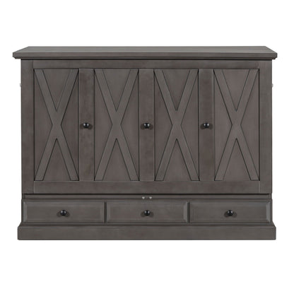 Solid Pine Murphy Cabinet Bed with Charging Station & Storage Drawer