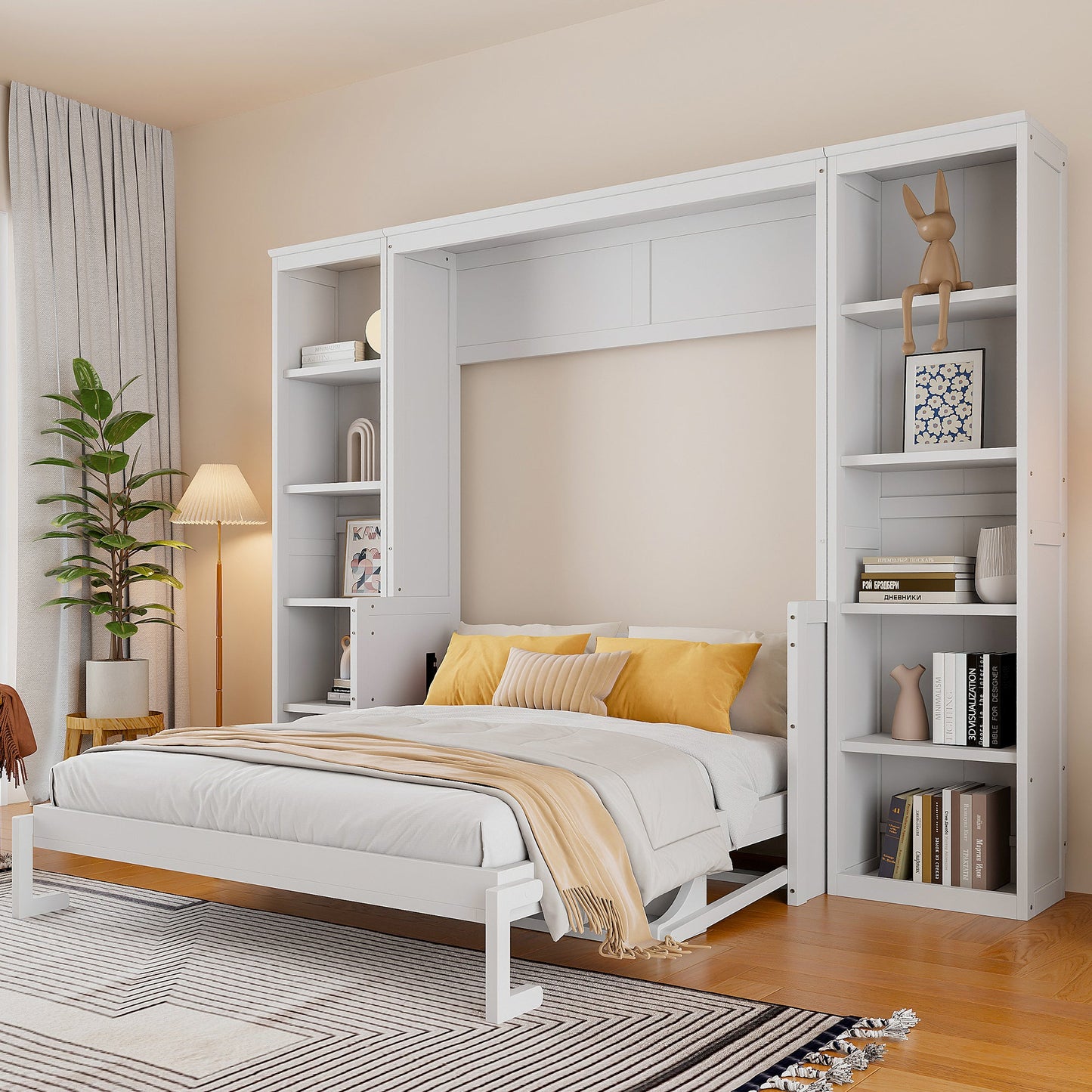 Queen Murphy Bed with Desk & Wide Bookshelf - White