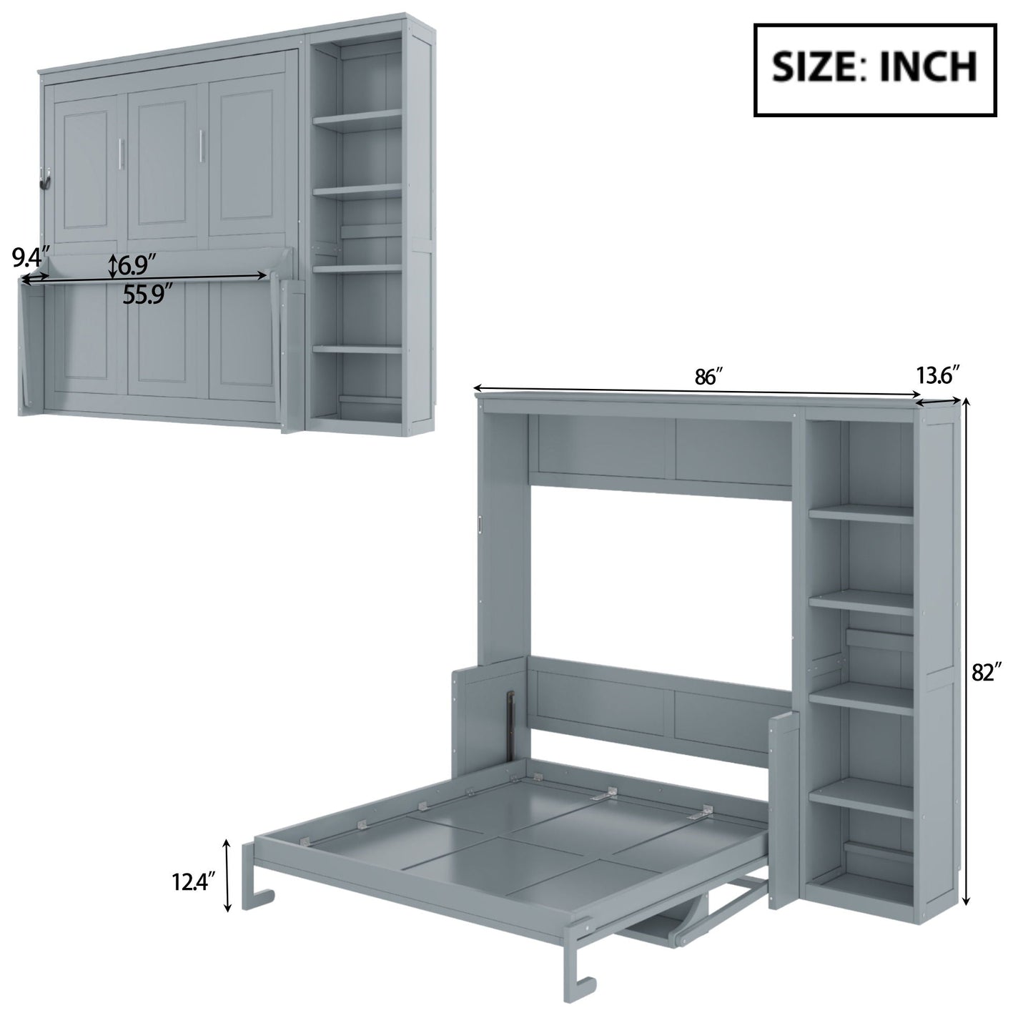 Reinforced Murphy Bed with Desk & Bookshelf