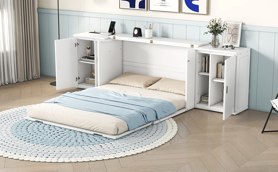 Queen Murphy Bed with Shelves, Cabinets & USB Ports - White