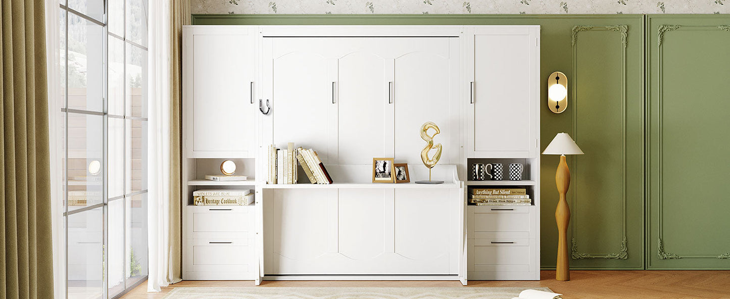 Queen Murphy Wall Bed with Closet, Drawers & Shelves - White