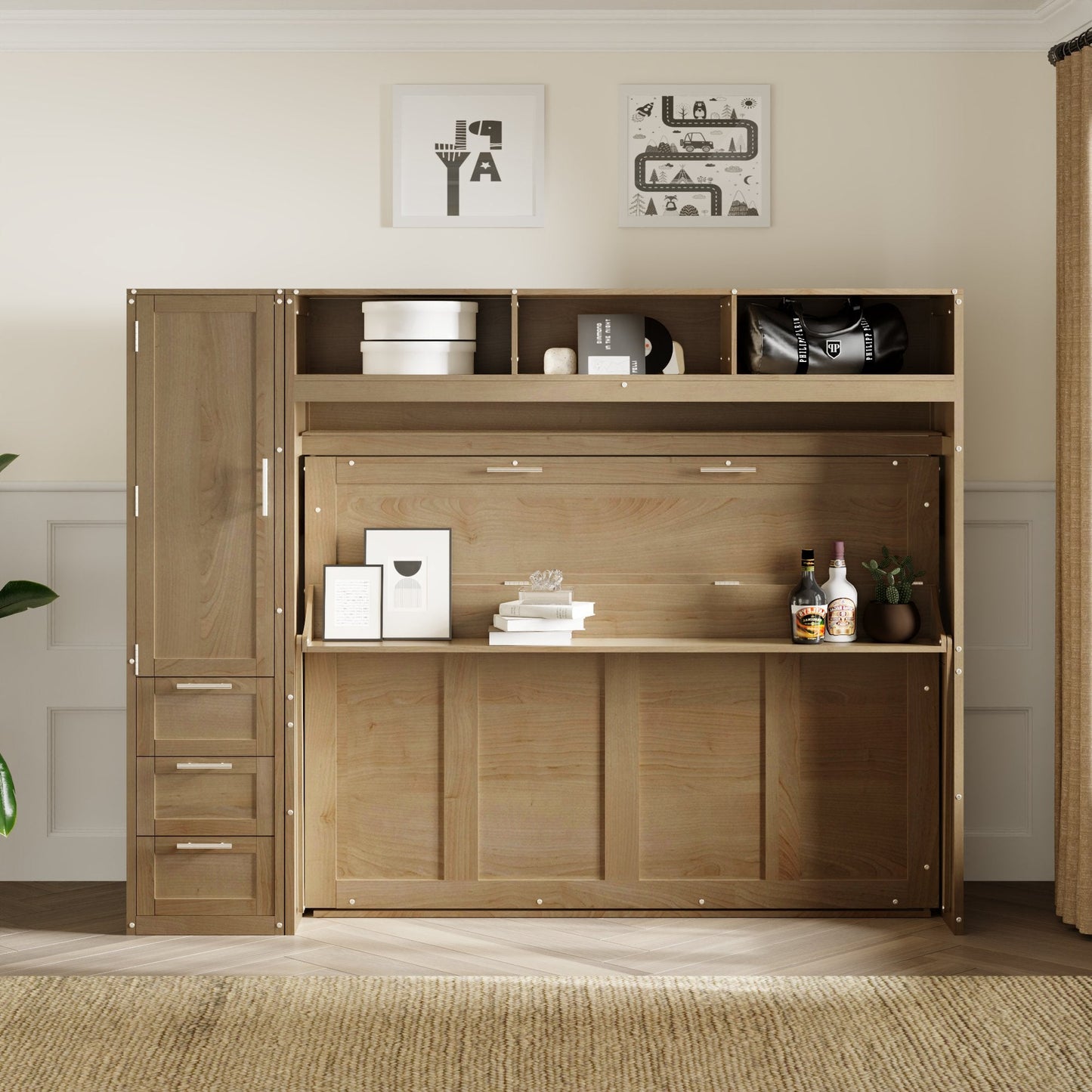 Full Murphy Bed with Wardrobe, Drawers & Open Shelves - Antique Grey