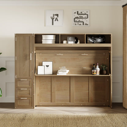 Full Murphy Bed with Wardrobe, Drawers & Open Shelves - Antique Grey