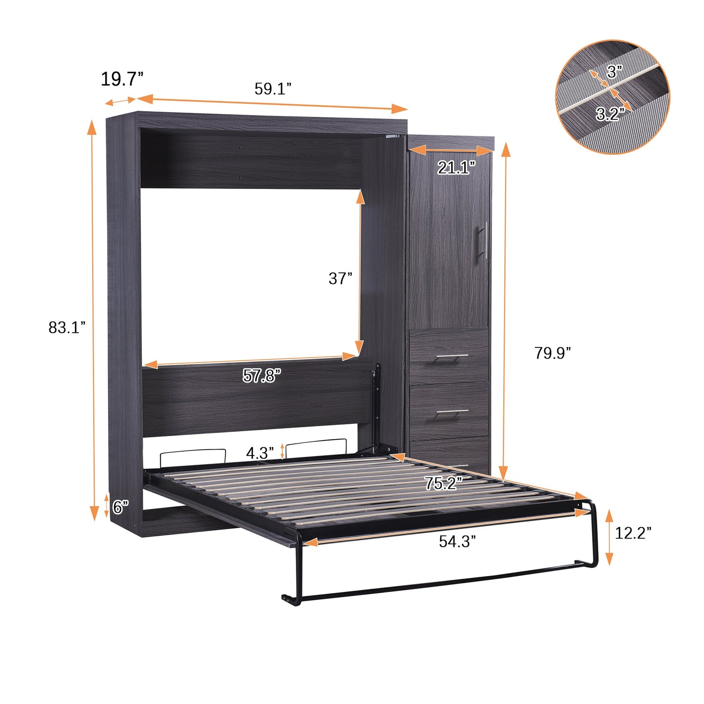 Full Murphy Bed with Wardrobe & Drawers - Gray