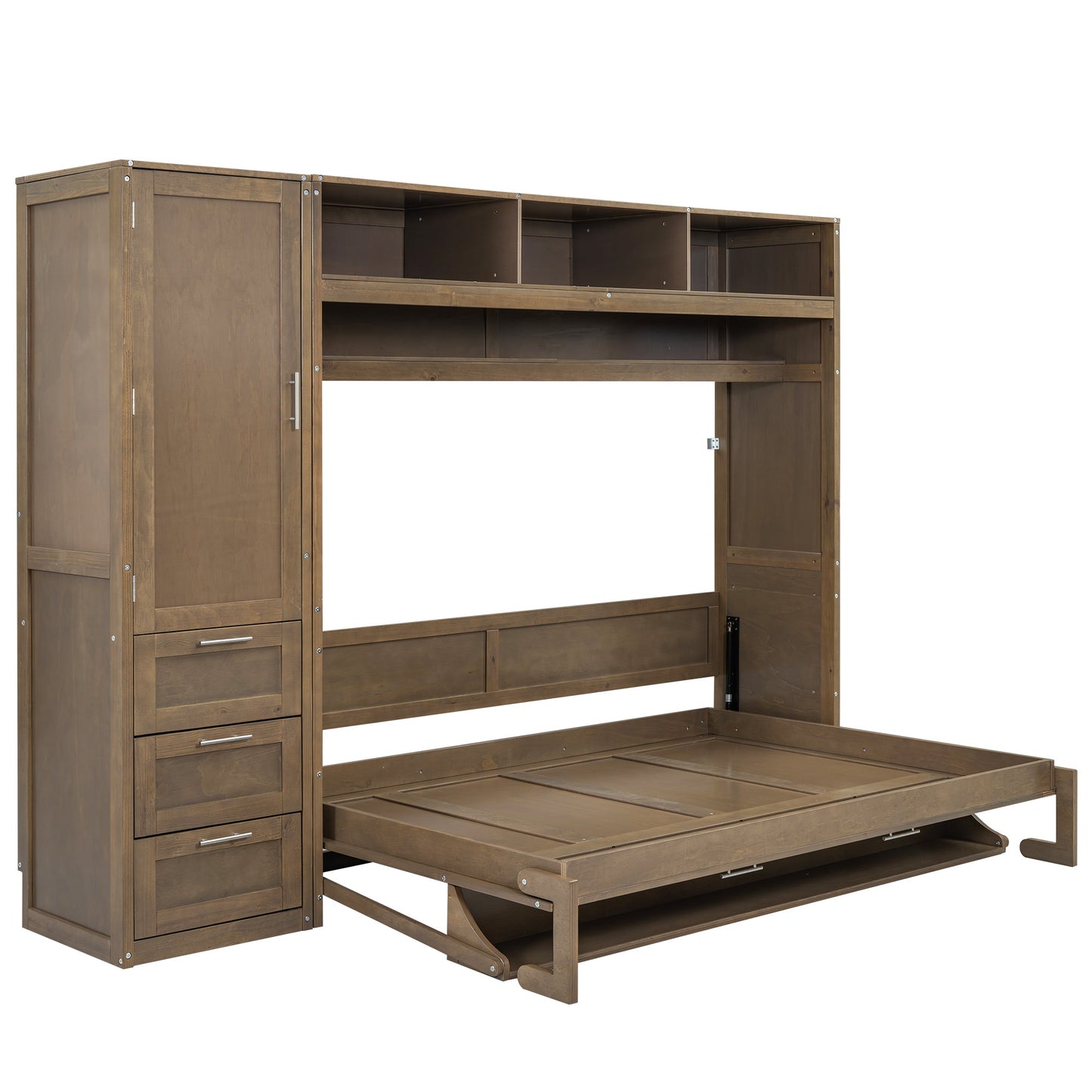Full Murphy Bed with Wardrobe, Drawers & Open Shelves - Antique Grey