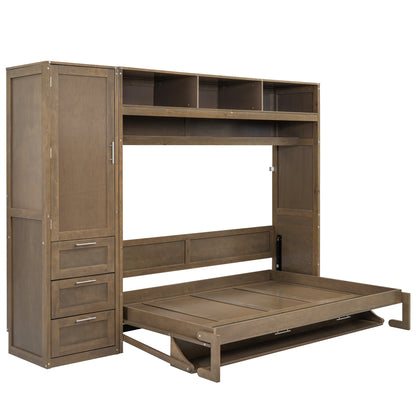 Full Murphy Bed with Wardrobe, Drawers & Open Shelves - Antique Grey
