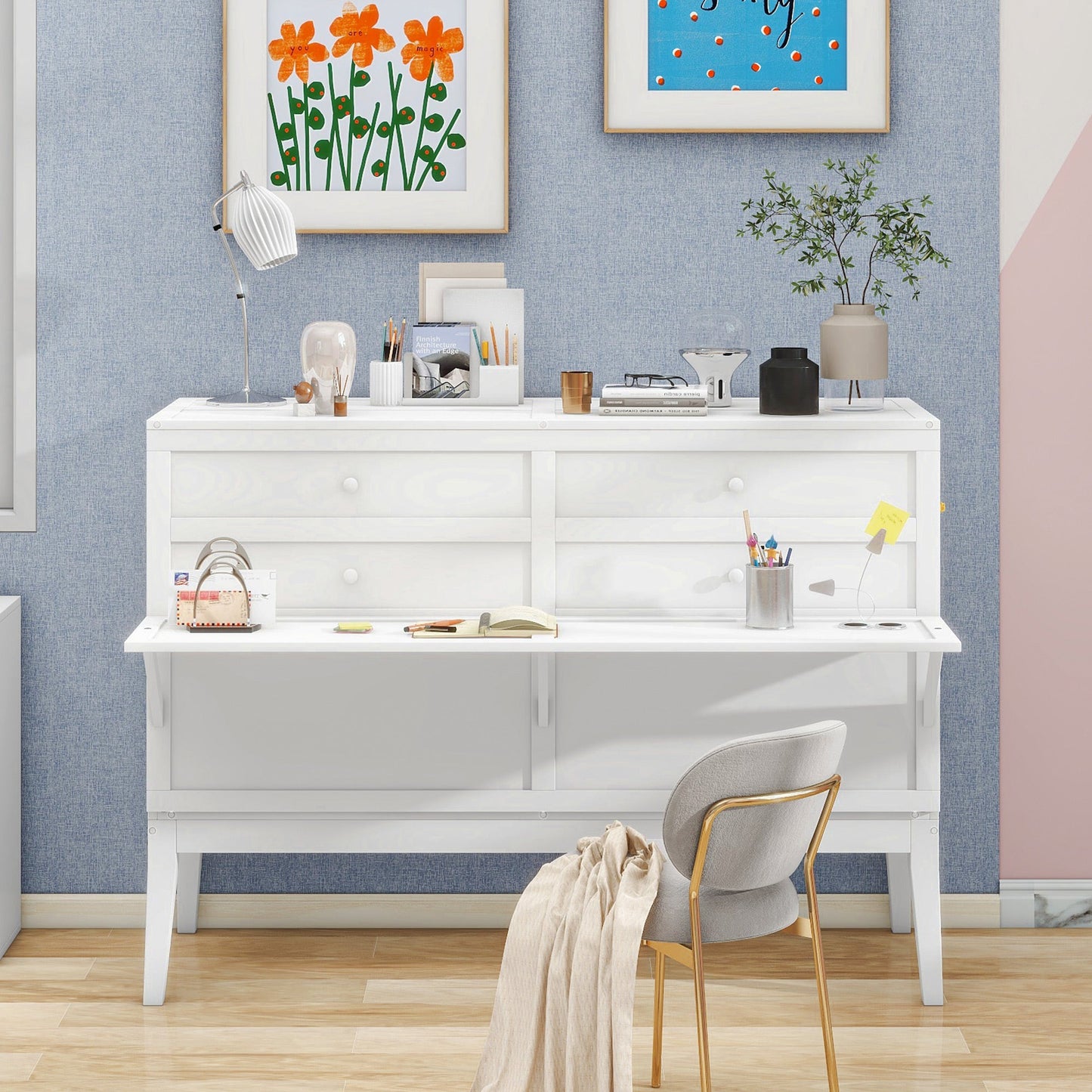 Queen Murphy Bed with Charging Station & Shelf - White