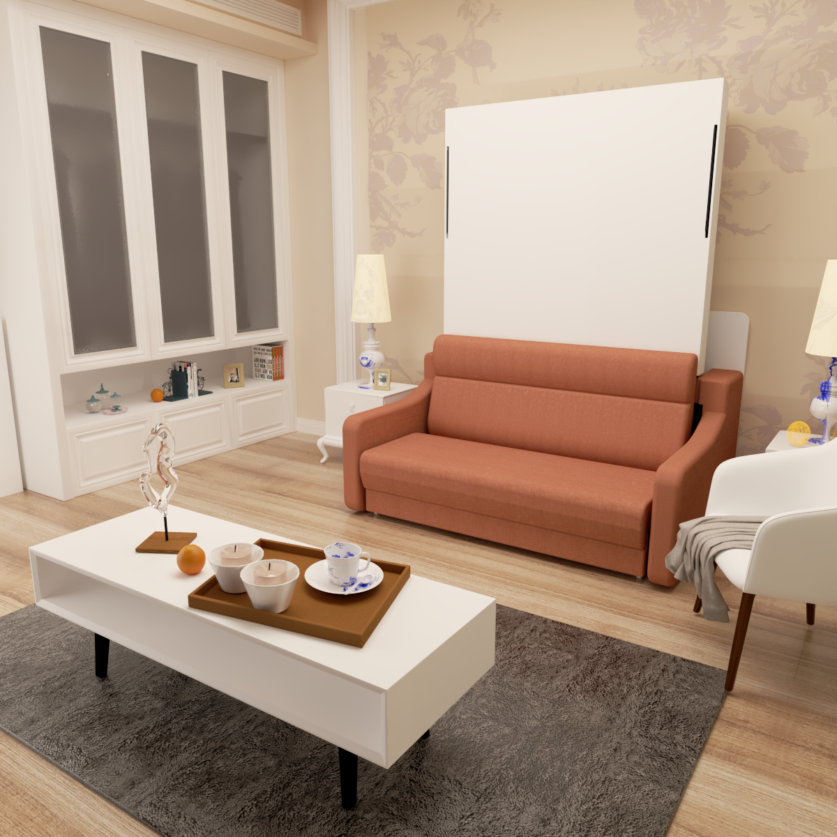 Full Vertical Murphy Bed with Sofa & Drawers - White