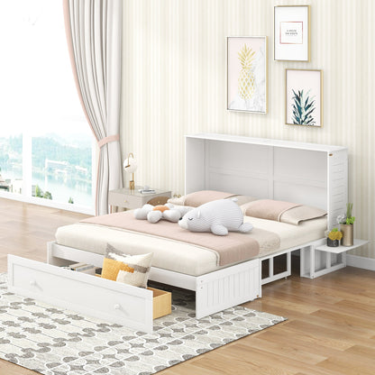 Queen Mobile Murphy Bed with Drawer & Side Shelves - White