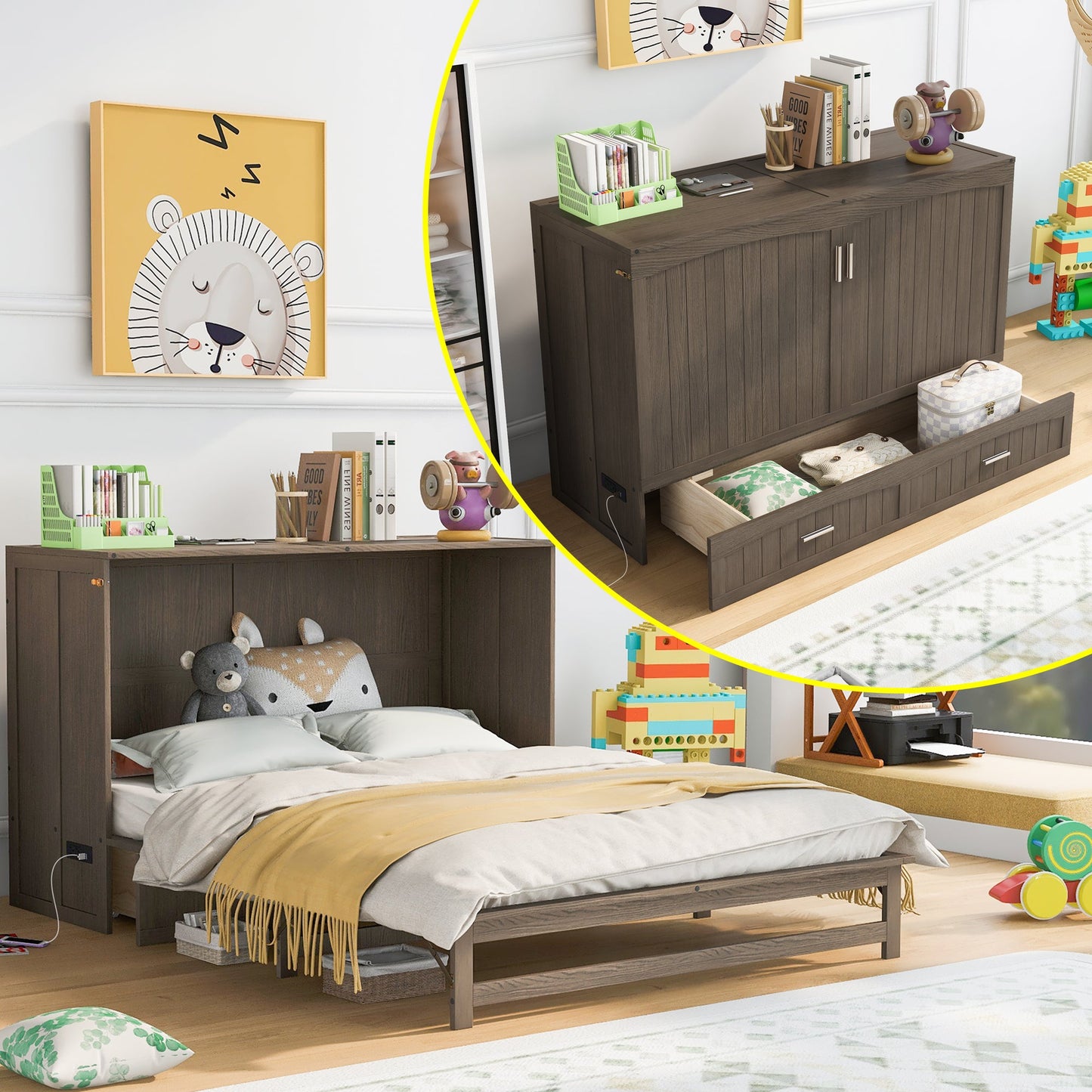 Queen Murphy Bed with Charging Station - Antique Grey