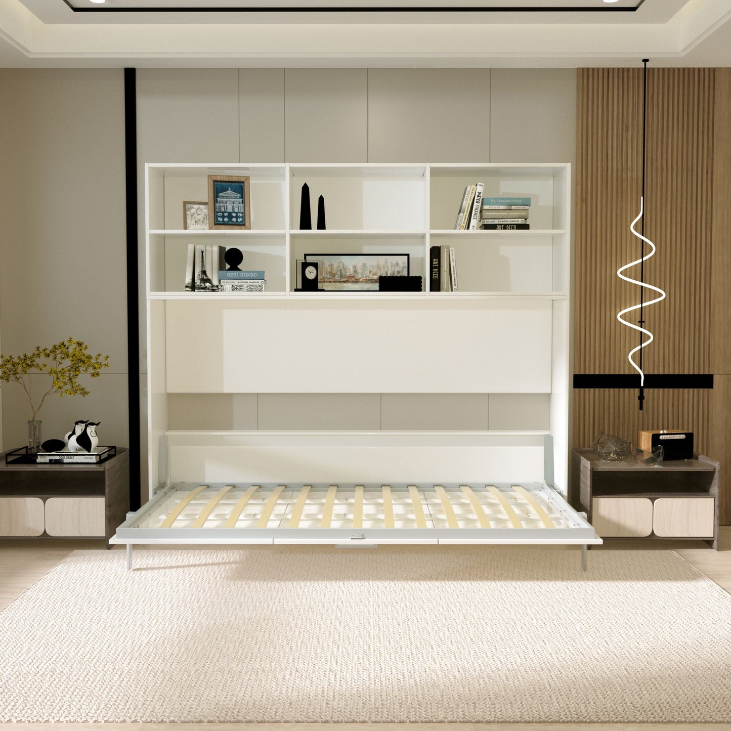 Twin Horizontal Murphy Bed with Shelf Storage - White