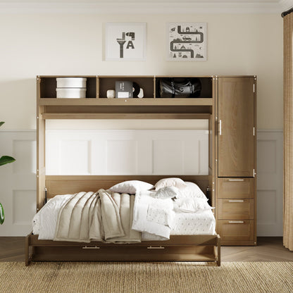 Full Murphy Bed with Wardrobe, Drawers & Open Shelves - Antique Grey