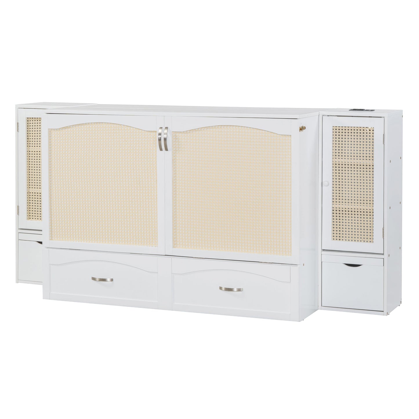 Queen Murphy Wall Bed with Storage Cabinets, Drawers & USB - White