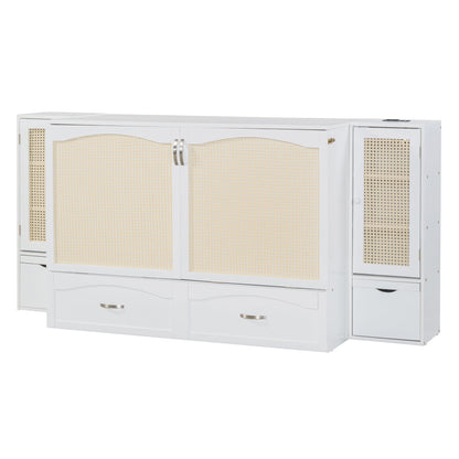 Queen Murphy Wall Bed with Storage Cabinets, Drawers & USB - White