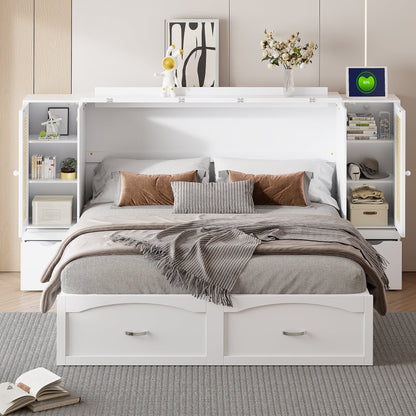 Queen Murphy Wall Bed with Storage Cabinets, Drawers & USB - White
