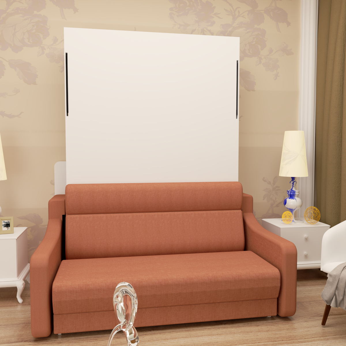 Full Vertical Murphy Bed with Sofa & Drawers - White