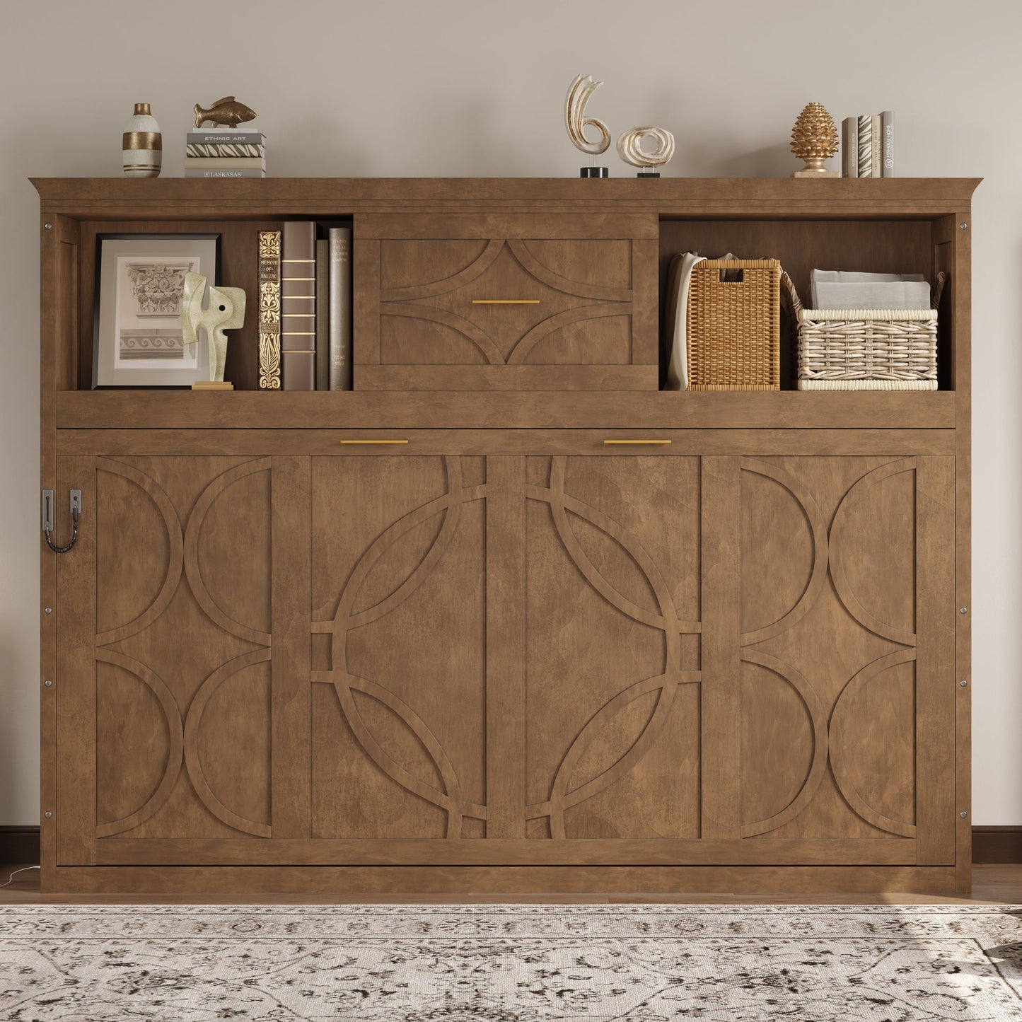 Twin Murphy Bed with Charging Station & Drawer - Natural Wood