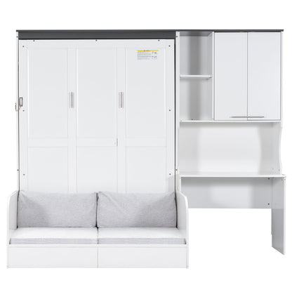 Full Murphy Bed with Sofa, Desk & Storage Cabinet - White