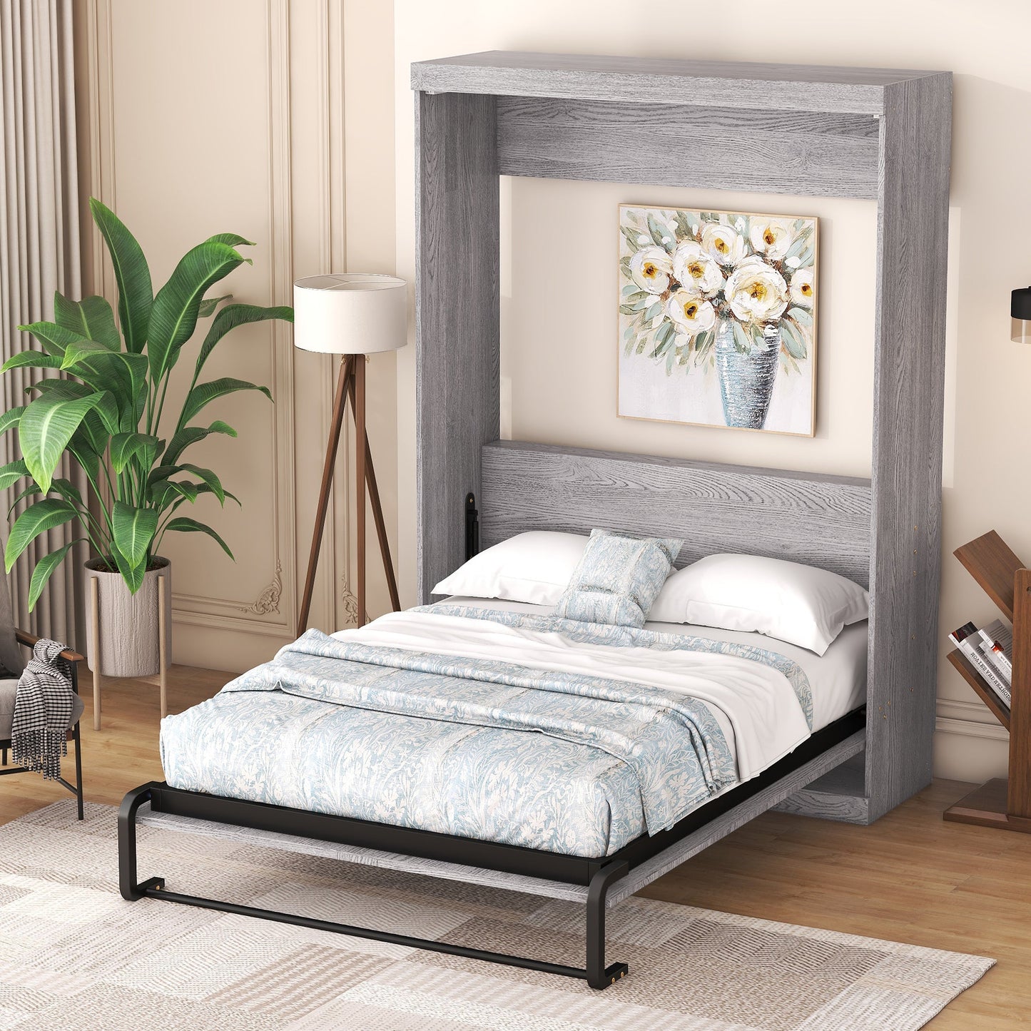 Full Murphy Bed with Fold-Away Cabinet Design - Gray