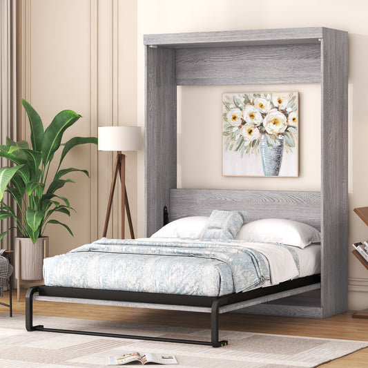 Full Murphy Bed with Fold-Away Cabinet Design - Gray