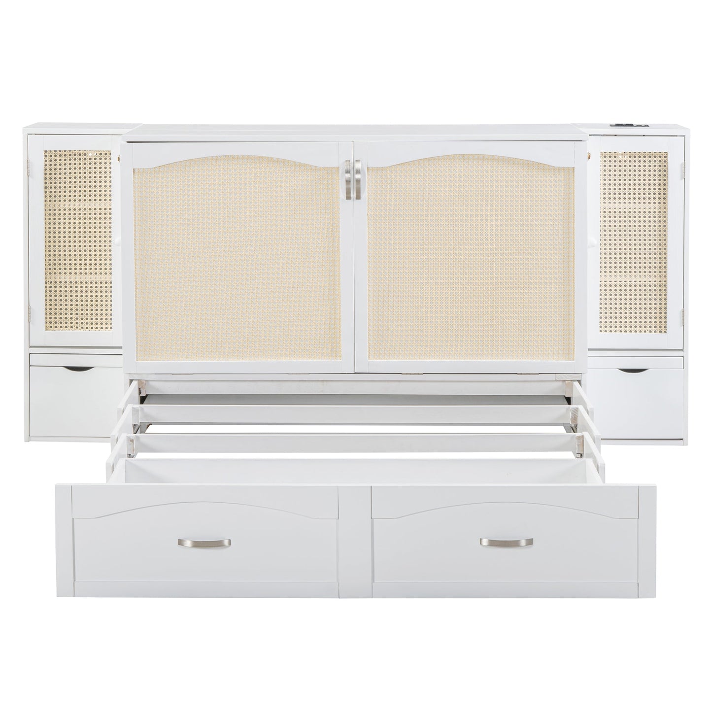 Queen Murphy Wall Bed with Storage Cabinets, Drawers & USB - White