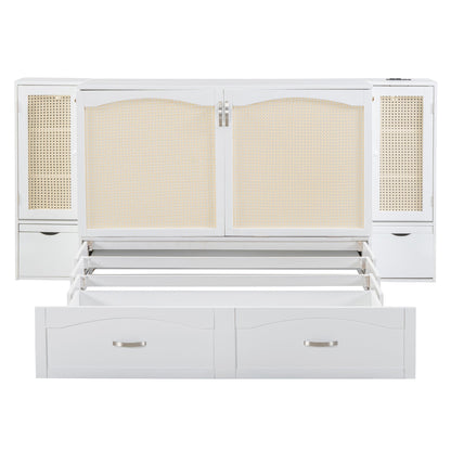 Queen Murphy Wall Bed with Storage Cabinets, Drawers & USB - White