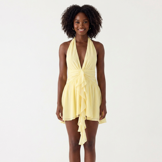 Sunshine Chic Ruched Waist Halter Dress - Vibrant High-Neck Cocktail Mini