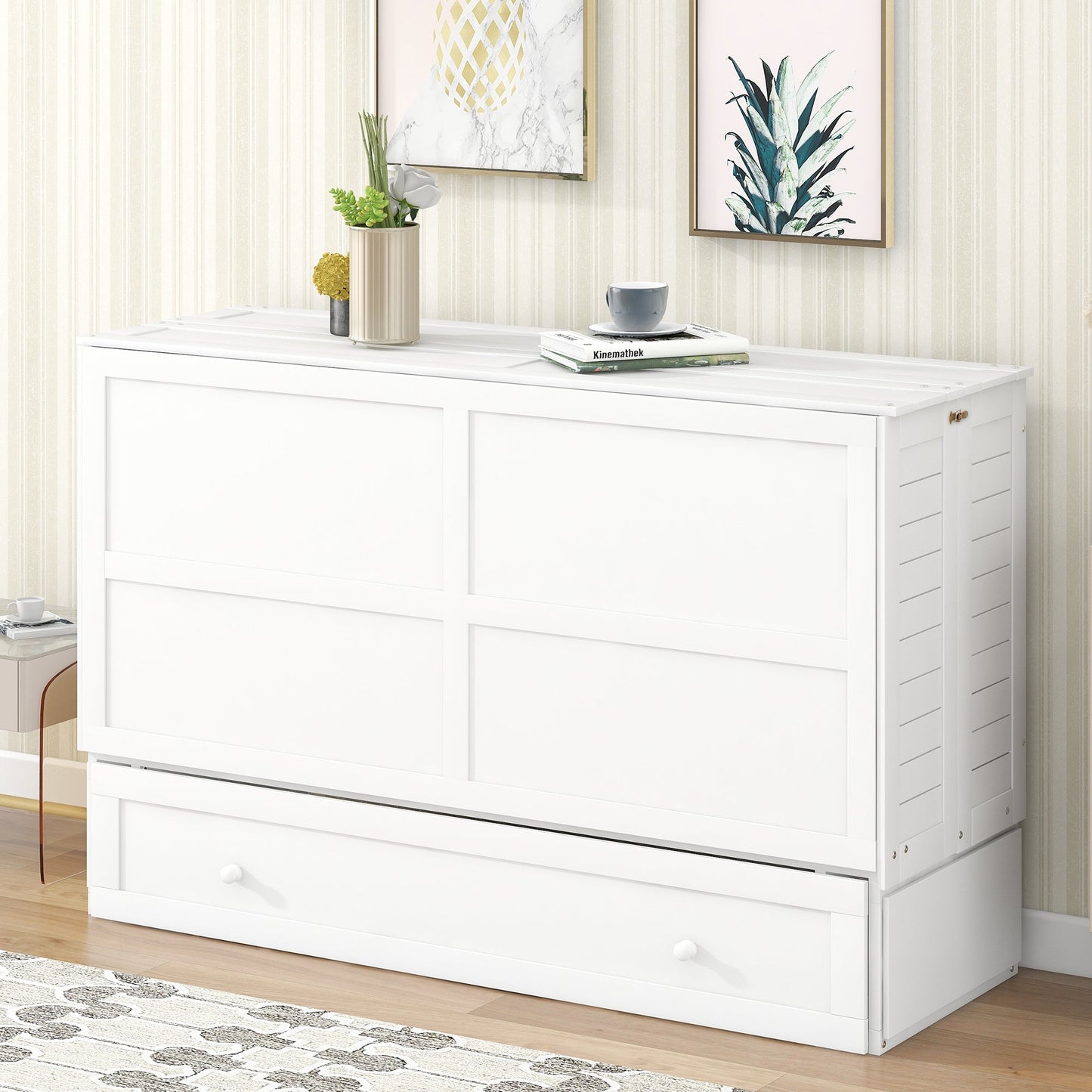 Queen Mobile Murphy Bed with Drawer & Side Shelves - White