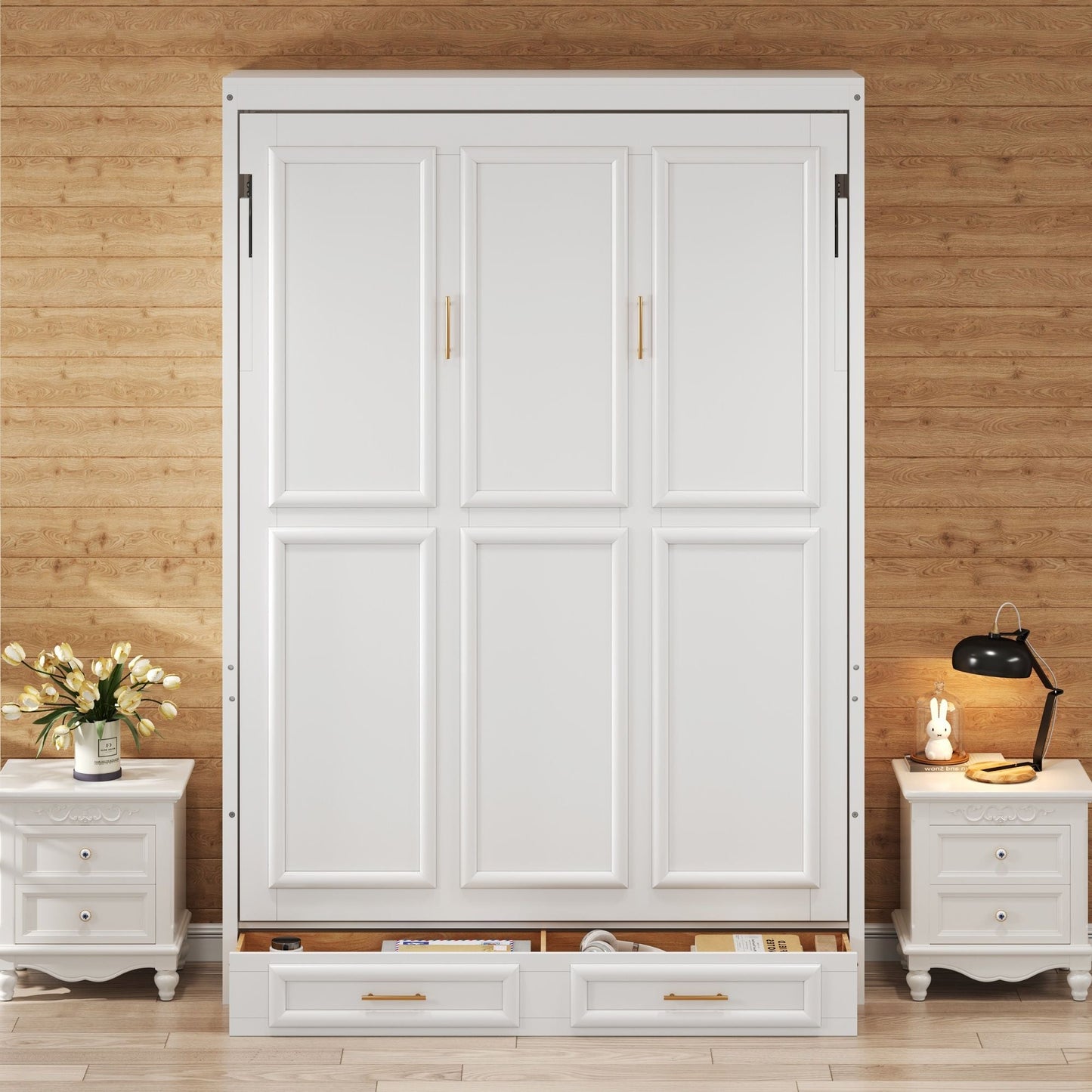 Full Murphy Bed with 2 Drawers - Beige