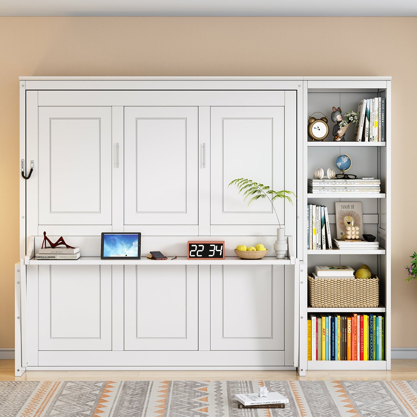 Queen Murphy Bed with Desk & Bookshelf - Gray or White