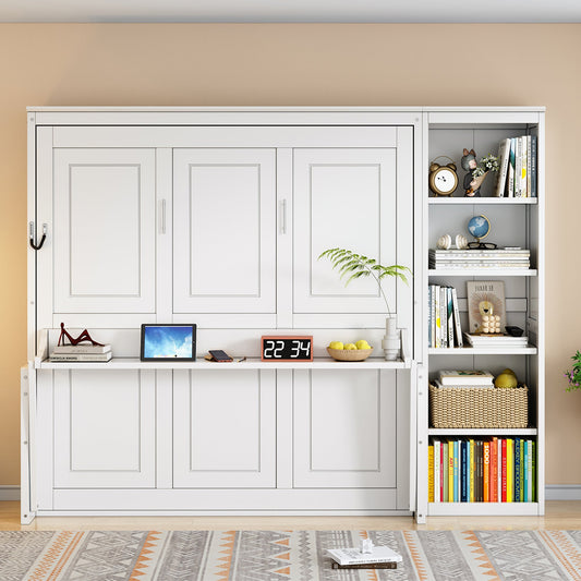 Queen Murphy Bed with Desk & Bookshelf - Gray or White
