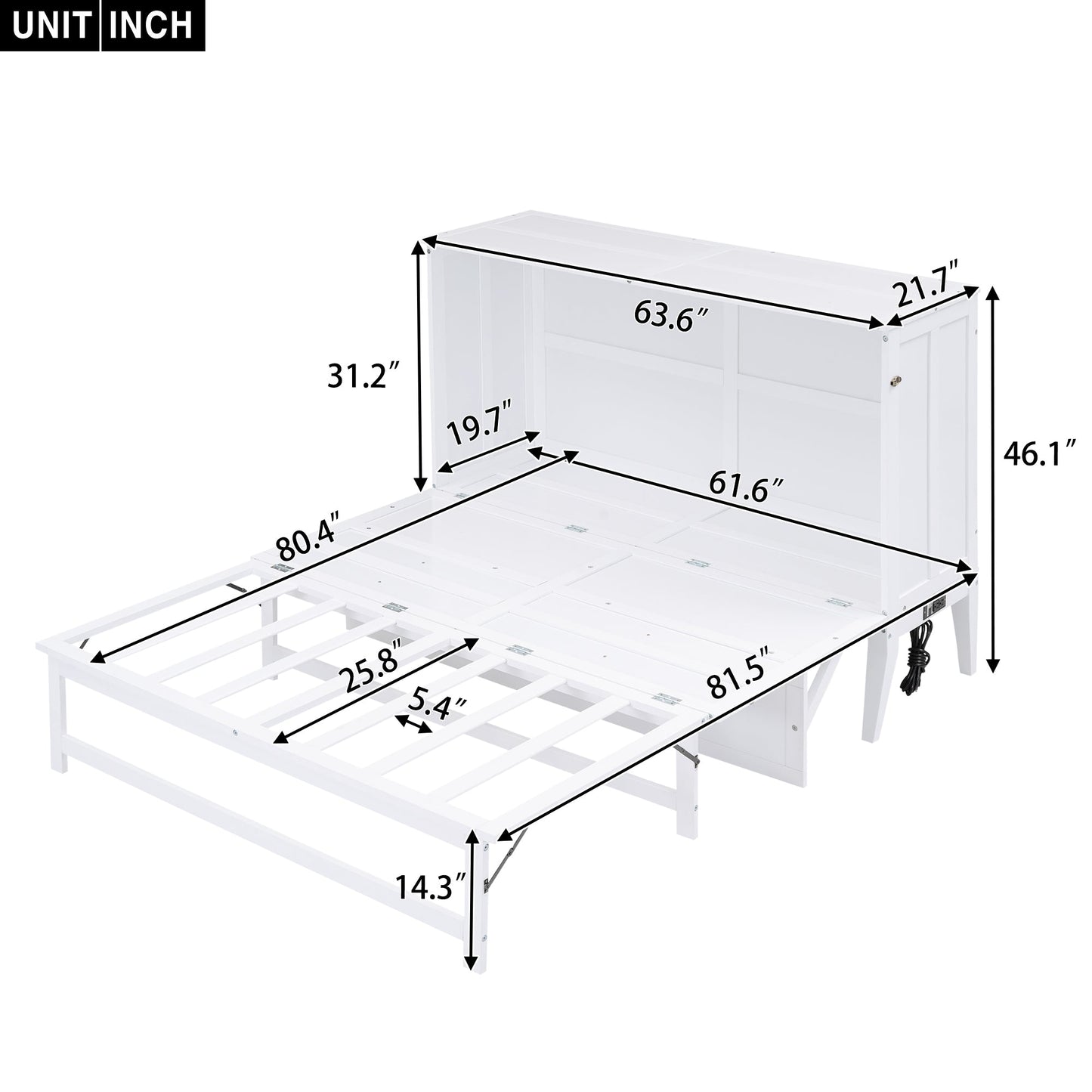 Queen Murphy Bed with Charging Station & Shelf - White