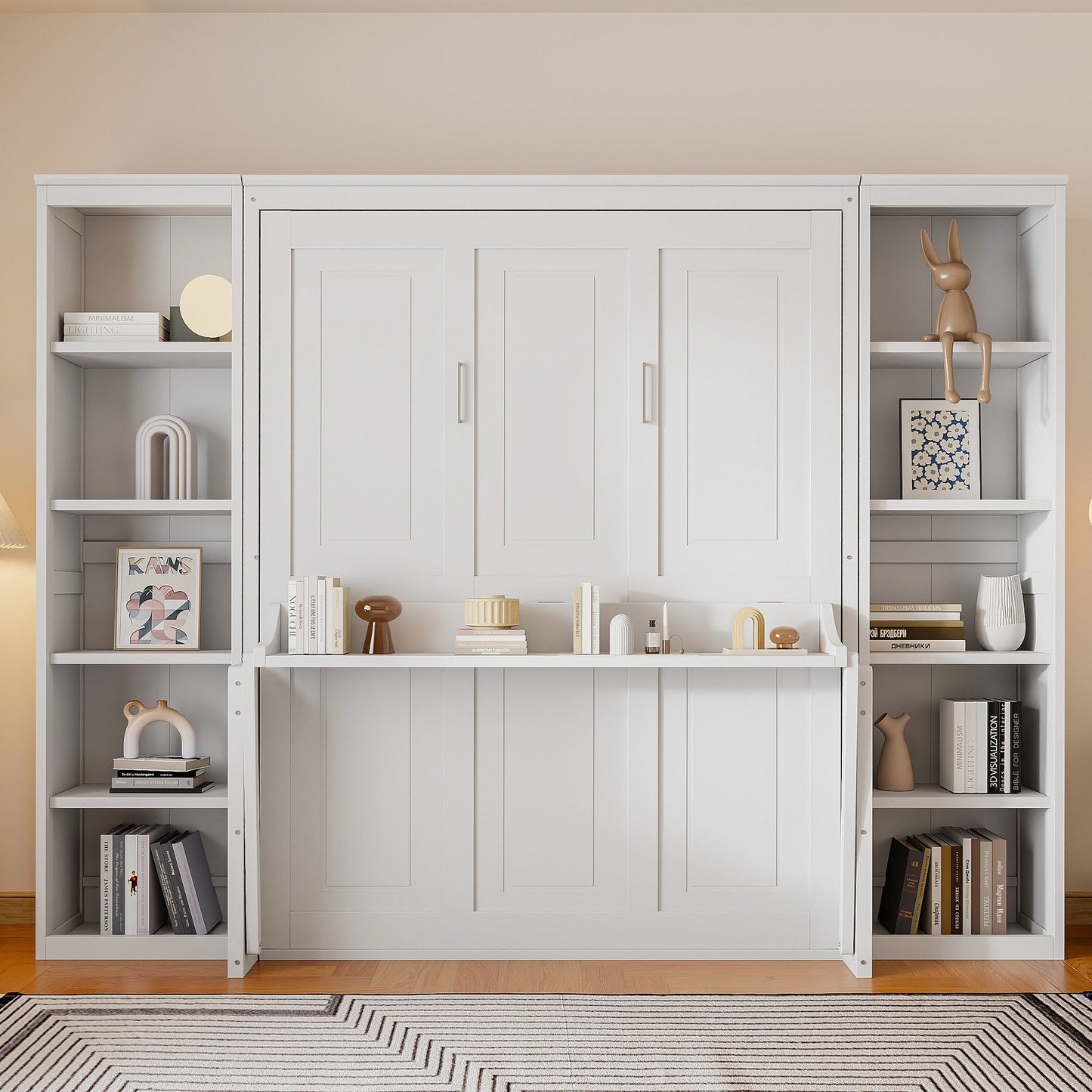 Queen Murphy Bed with Desk & Wide Bookshelf - White