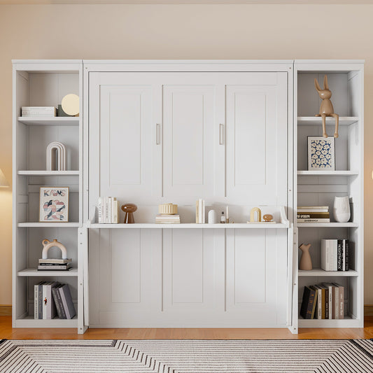 Queen Murphy Bed with Desk & Wide Bookshelf - White