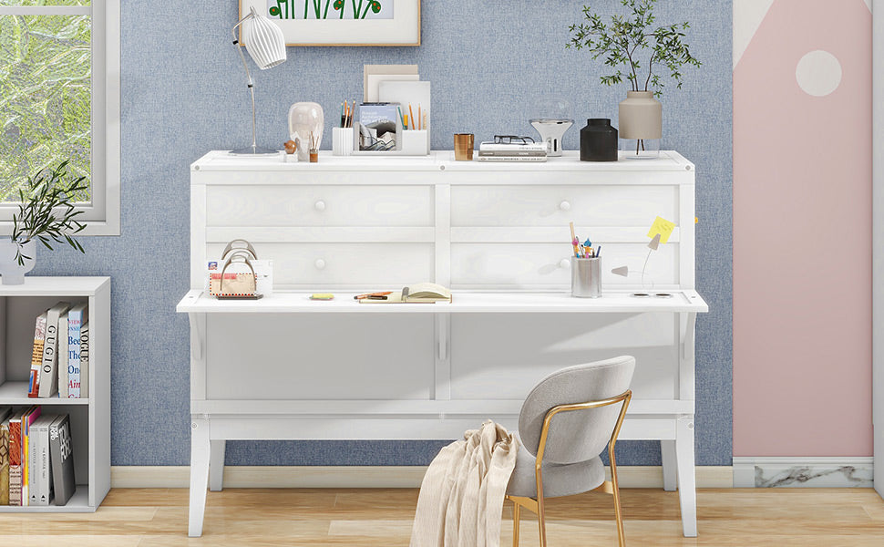 Queen Murphy Bed with Charging Station & Shelf - White