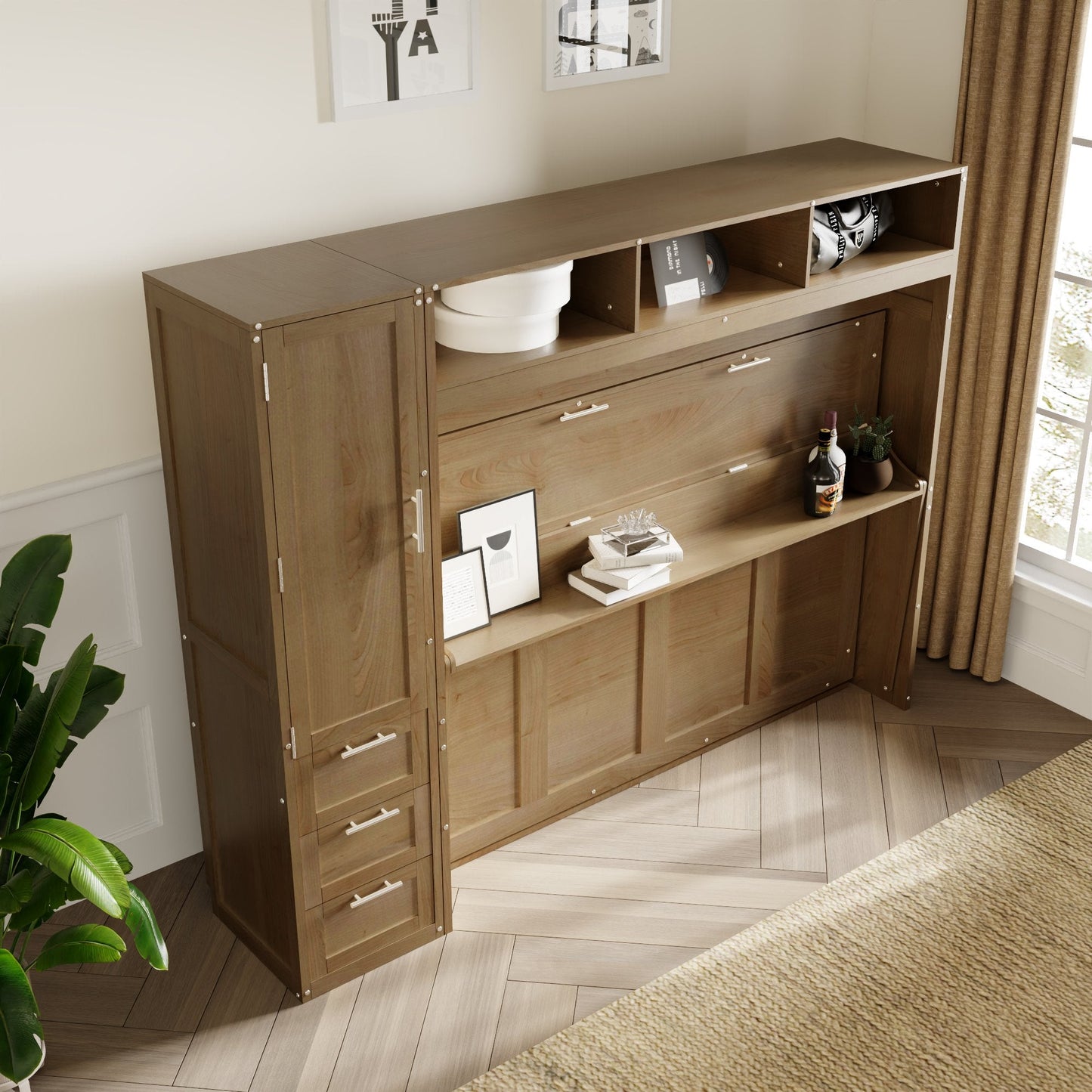 Full Murphy Bed with Wardrobe, Drawers & Open Shelves - Antique Grey
