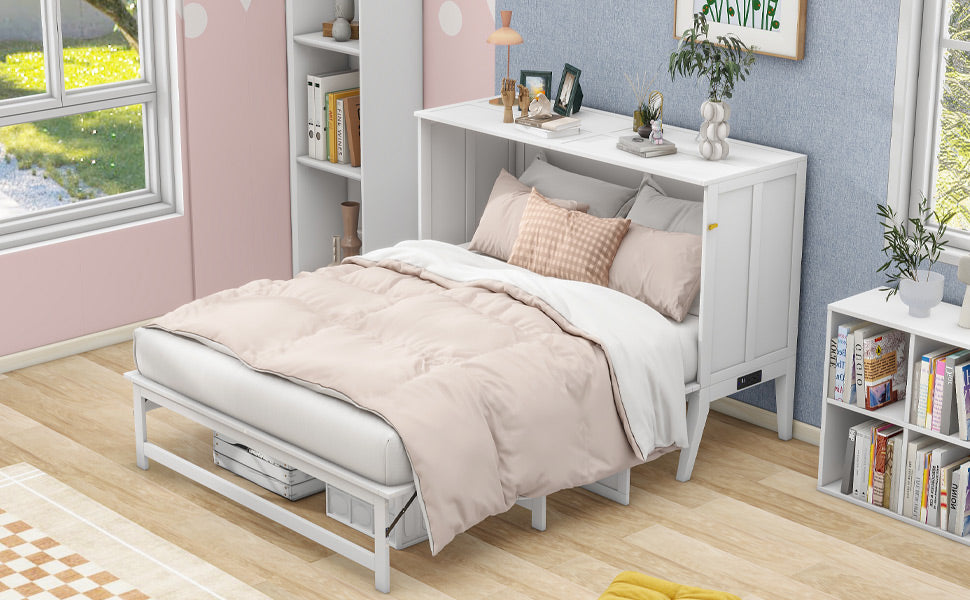 Queen Murphy Bed with Charging Station & Shelf - White