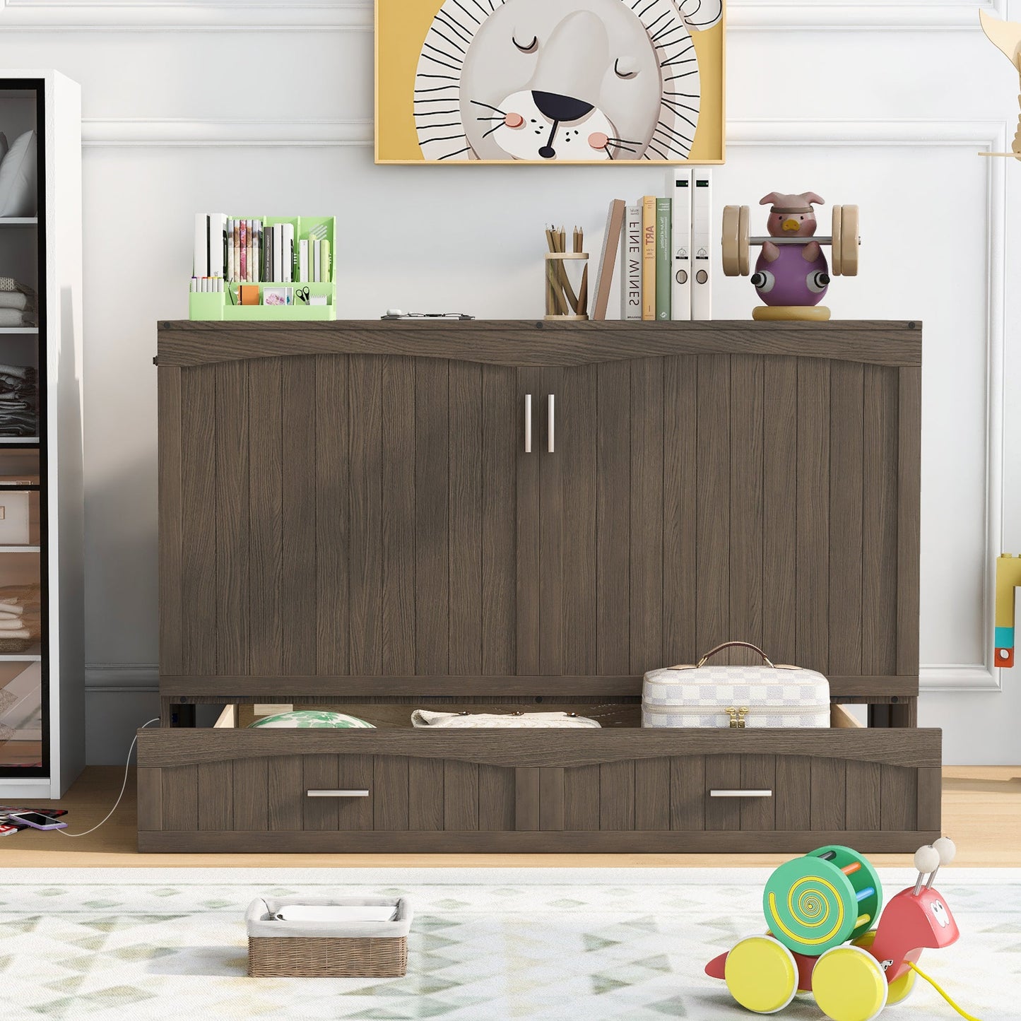 Queen Murphy Bed with Charging Station - Antique Grey