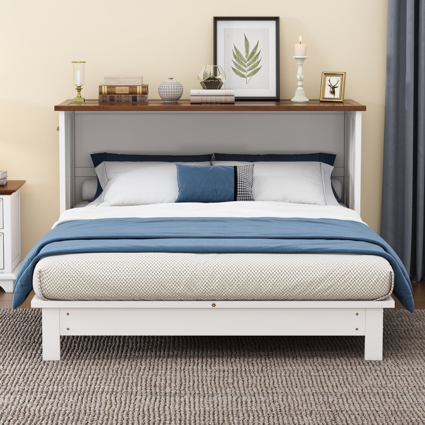 Queen Solid Pine Murphy Cabinet Bed with Charging Station - White & Walnut